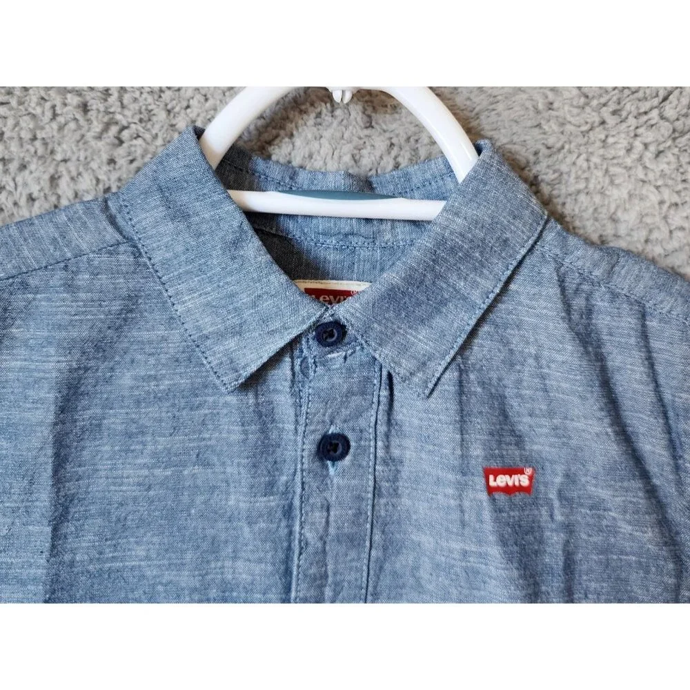 NEW LEVI'S Blue Heather Logo Short Sleeve Button Up‎ Shirt Youth Size 7R Cotton